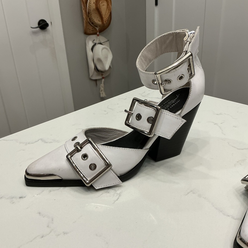 Jeffrey Campbell White Pointed-Toe Buckle Block Heels